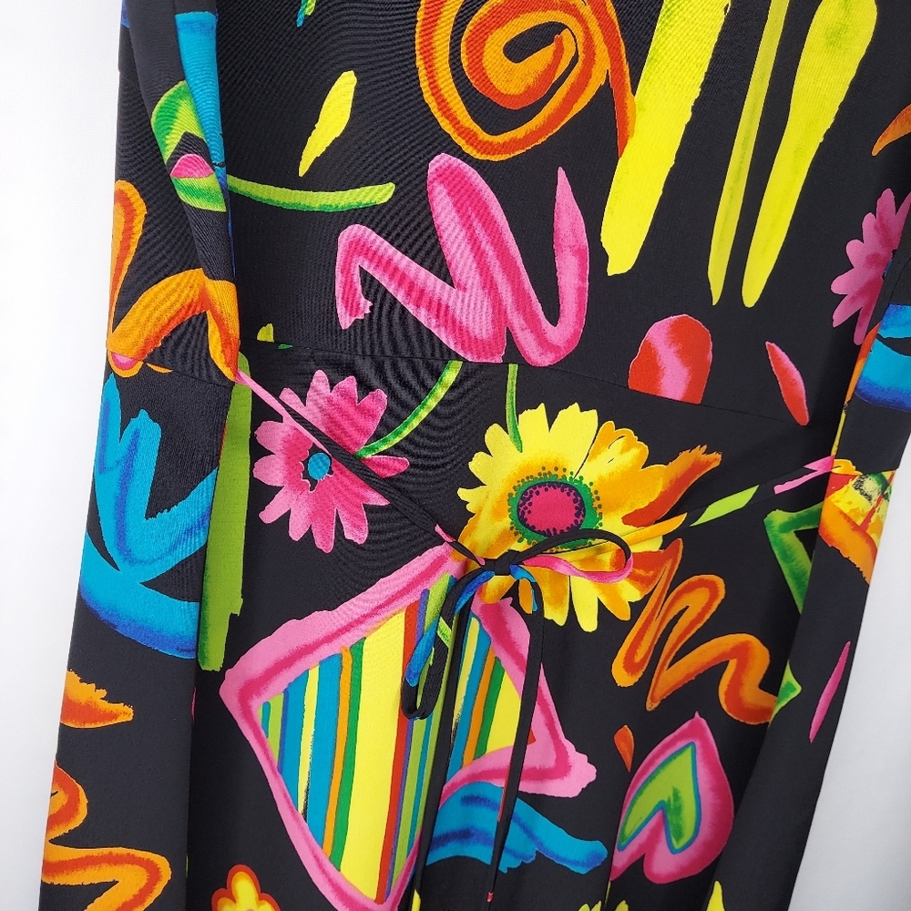 90's Vtg LABelle Button Collar Dress Multicolor Print Tie Sleeveless Midi 13 USA - Picture 3 of 12